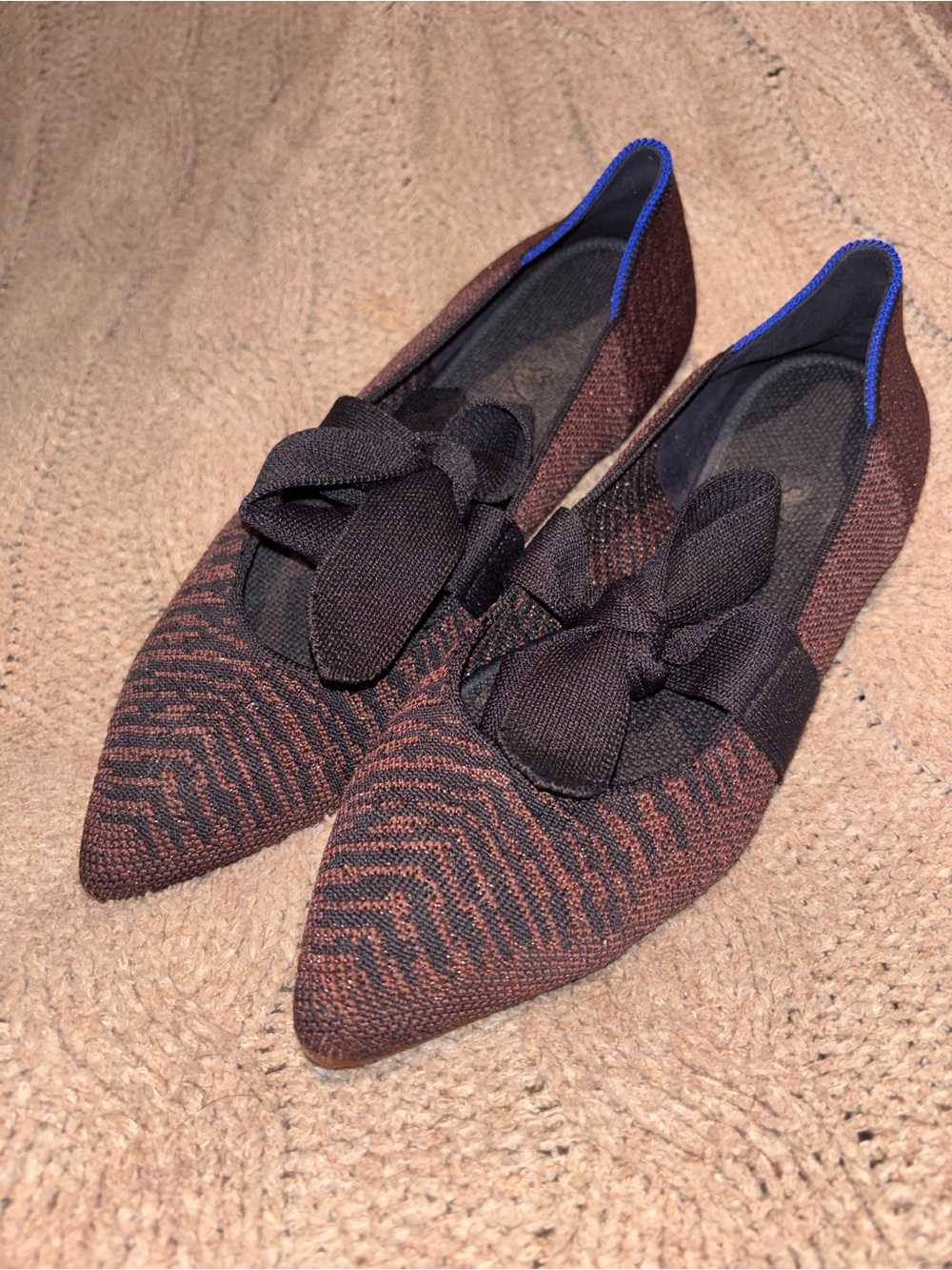 Rothy’s Merino Mary Jane Forest Herringbone Bow Flats Brown Black Size 7.5 US